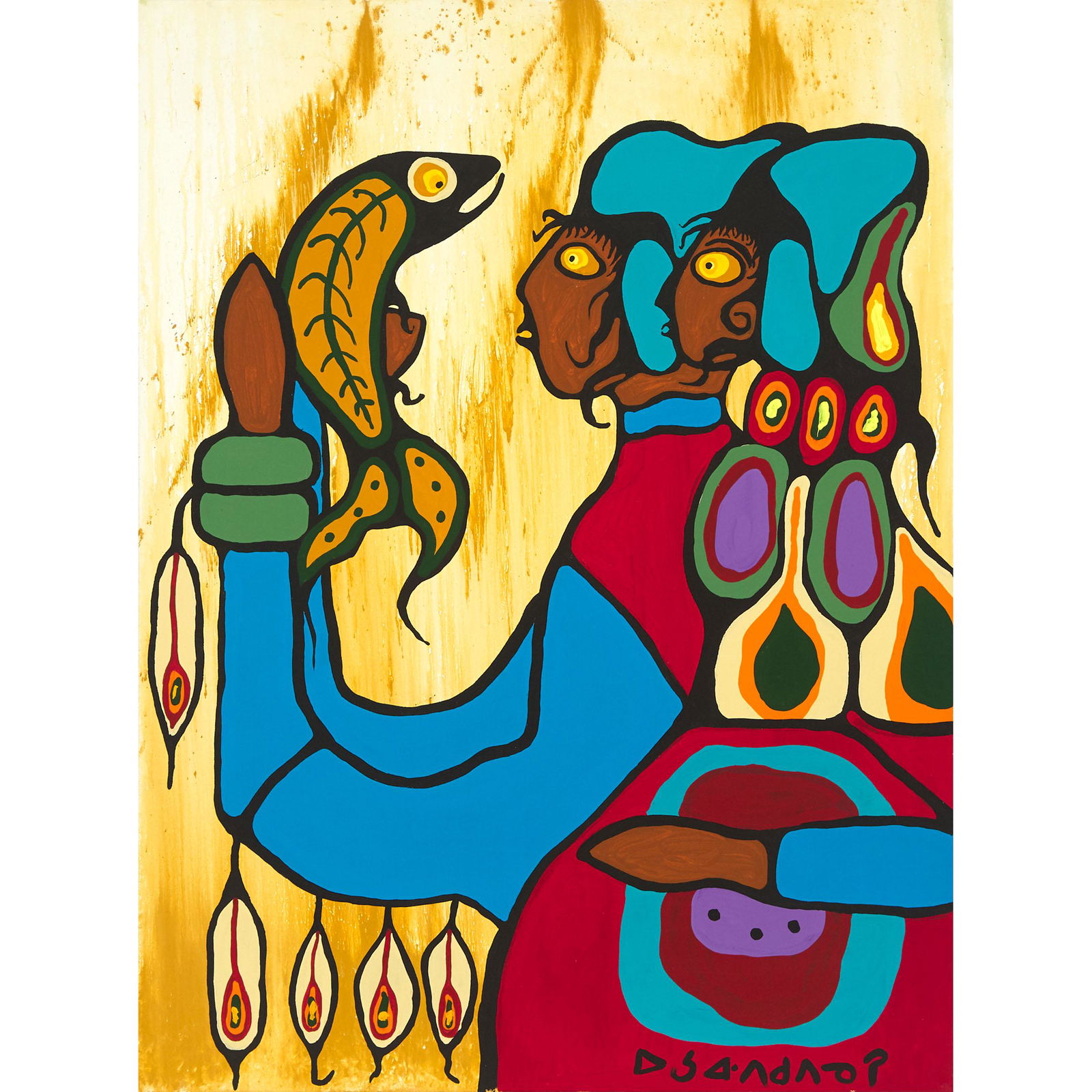NORVAL H. MORRISSEAU, R.C.A., FISH STORYTELLER, 1980,: NORVAL H. MORRISSEAU, R.C.A.FISH STORYTELLER, 1980acrylic on canvassigned in syllabics; titled and dated to gallery label on the reverse 40 ins x 30 ins; 101.6 cms x 76.2 cms Provenance:Kinsman Ro