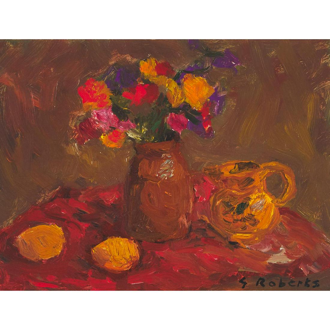 WILLIAM GOODRIDGE ROBERTS, R.C.A, STILL LIFE - FLOWERS: WILLIAM GOODRIDGE ROBERTS, R.C.ASTILL LIFE - FLOWERS IN VASEoil on Masonitesigned; titled to gallery label on the reverse 12 ins x 16 ins; 30.5 cms x 40.6 cms Provenance:Manuge Galleries Limited,