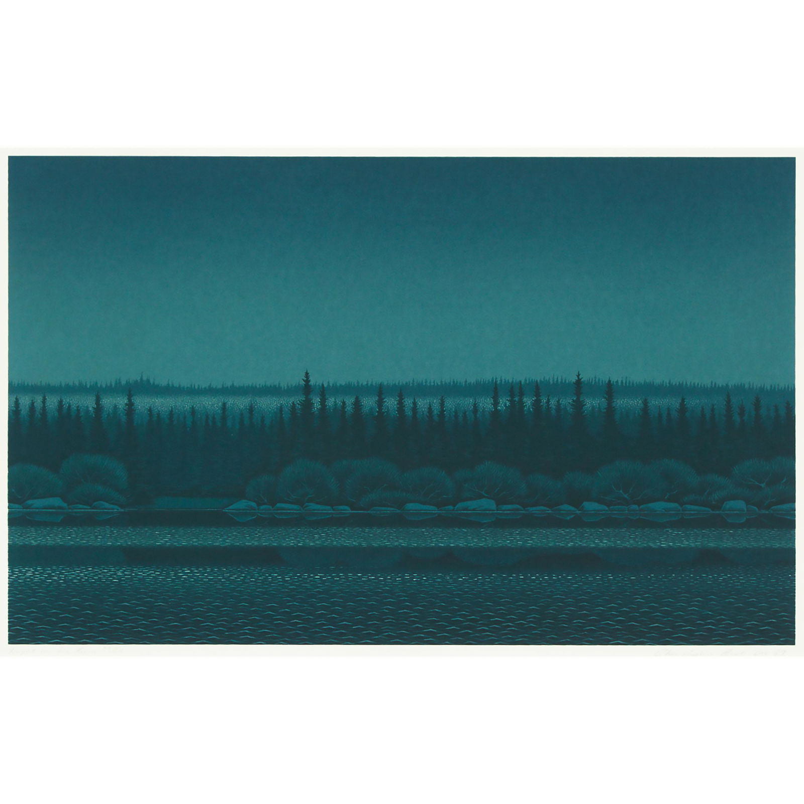 CHRISTOPHER PRATT, R.C.A., NIGHT ON THE RIVER, DEC.: CHRISTOPHER PRATT, R.C.A.NIGHT ON THE RIVER, DEC. 1987colour serigraphsigned, titled, dated "Dec 87" and numbered 53/55 in pencil to the margin; titled, dated and numbered to gallery label on the reve