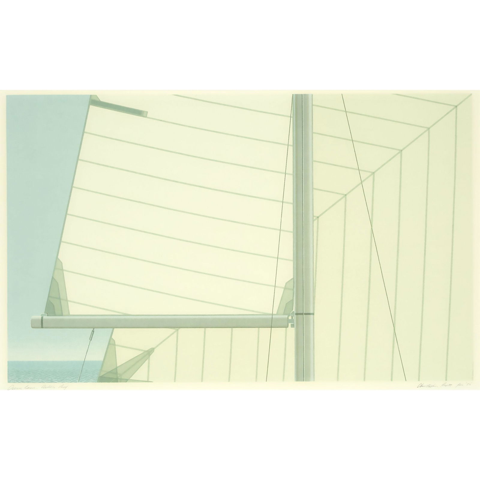 CHRISTOPHER PRATT, R.C.A., OCEAN RACER, 1975,: CHRISTOPHER PRATT, R.C.A.OCEAN RACER, 1975serigraph, printed in colourssigned, titled, dated "Jan '75" and numbered artist's proof image 15 ins x 24 ins; 38.1 cms x 61 cms Provenance:Private Colle