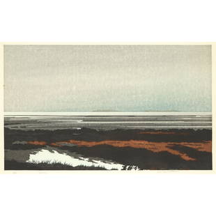 TAKAO TANABE, LOW TIDE / RATHTREVOR, 1990, colour: TAKAO TANABELOW TIDE / RATHTREVOR, 1990colour woodblocksigned, titled and numbered 18/50; titled, dated and numbered to gallery label on the reverse sight 17 ins x 26 ins; 43.2 cms x 66 cms Provenance