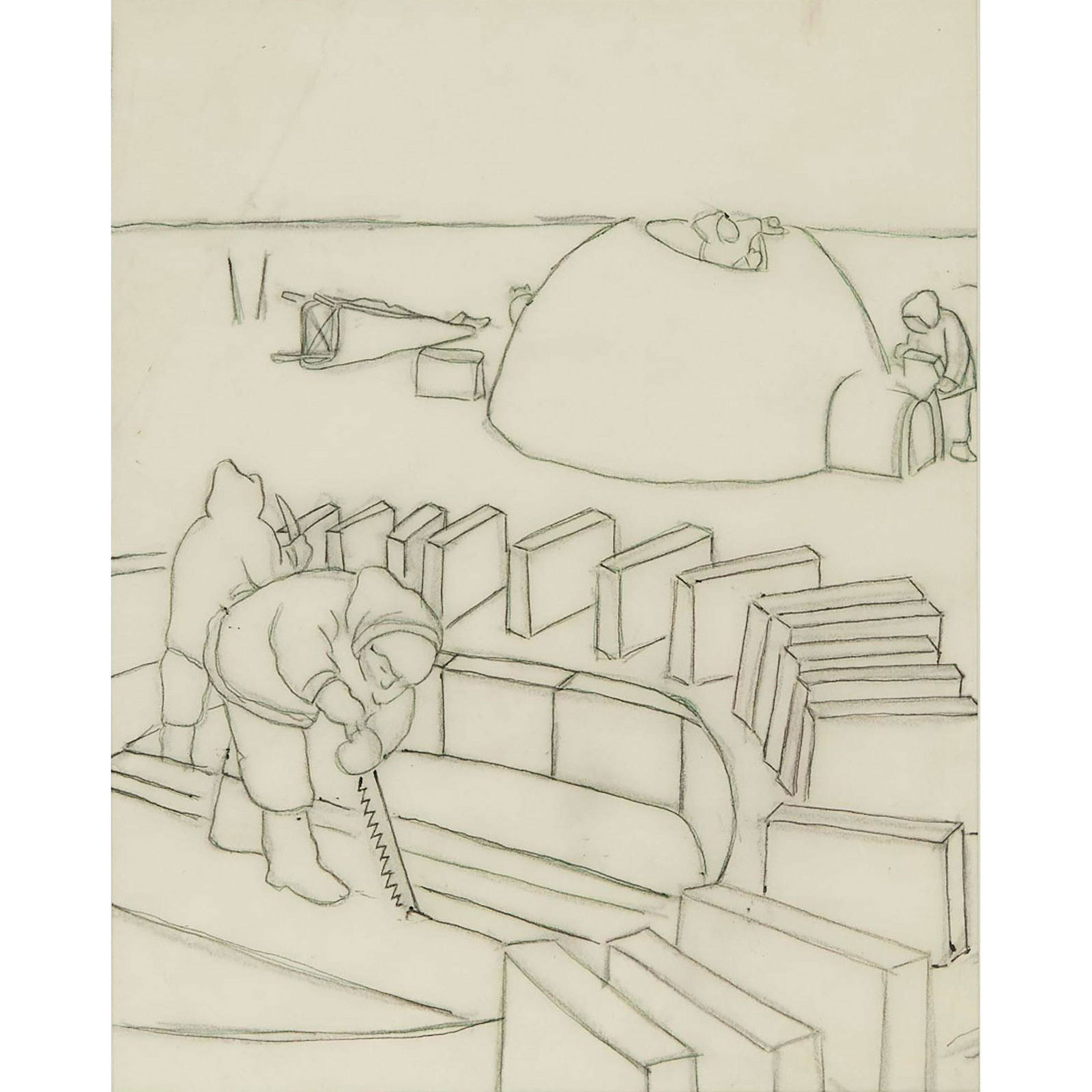 William Kurelek, R.C.A., STUDY FOR IGLOO BUILDING,: William Kurelek, R.C.A.STUDY FOR IGLOO BUILDING, CIRCA 1975graphite and green pen on papertitled and dated 12 ins x 9.25 ins; 30.5 cms x 23.5 cms Provenance:Private Collection, Ontario