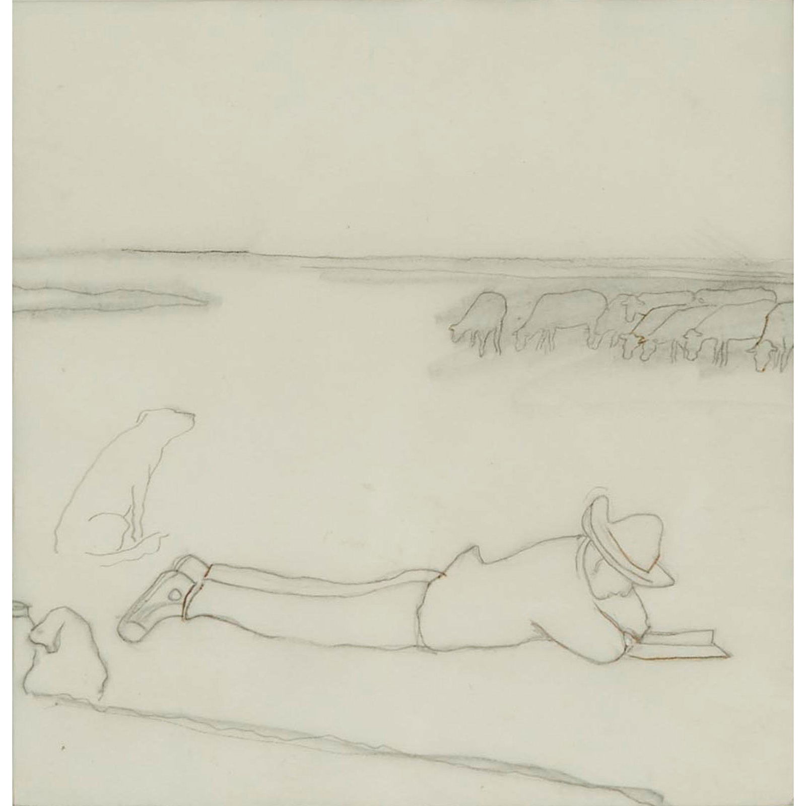William Kurelek, R.C.A., STUDY FOR PASTURING COWS,: William Kurelek, R.C.A.STUDY FOR PASTURING COWS, CIRCA 1976graphite on paperdated "c. 1976" sight 8 ins x 7.5 ins; 20.3 cms x 19.1 cms Provenance:Private Collection, OntarioLiterature: