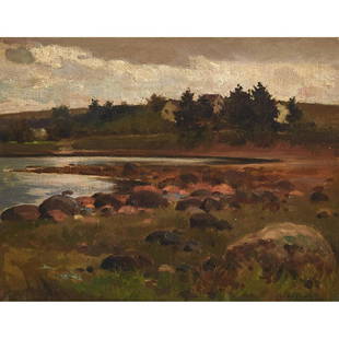 JOHN WILLIAM BEATTY, O.S.A., R.C.A. (1869-1941),: JOHN WILLIAM BEATTY, O.S.A., R.C.A. (1869-1941), Canadian LANDSCAPE WITH HOUSES, 1906 Oil on canvas, laid down on card; signed and dated '06; 10.5 ins x 13.5 ins; 26.7 cms x 34.3 cms