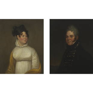 Attributed to ROBERT FIELD (ca. 1769-1819),: Attributed to ROBERT FIELD (ca. 1769-1819), British/American/Canadian A REGENCY COUPLE OF HIGH SOCIETY: AN NAVAL OFFICER OF THE ROYAL MARINES; A LADY IN HIGH NECK DRESS, CA. 1807-1810 Pair of oils on