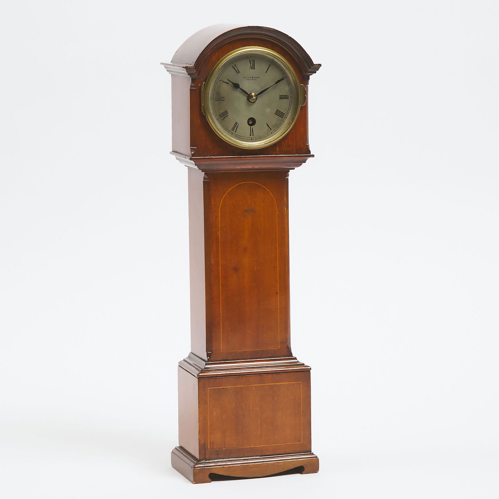 English Miniature Mahogany Tall Case Clock, c.1900: English Miniature Mahogany Tall Case Clock, c.1900the 3.5 inch silvered dial signed by retailer 'Mappin & Webb, Montreal' fronting a time only platform balance movement signed 'Astral, Coventry'Estima