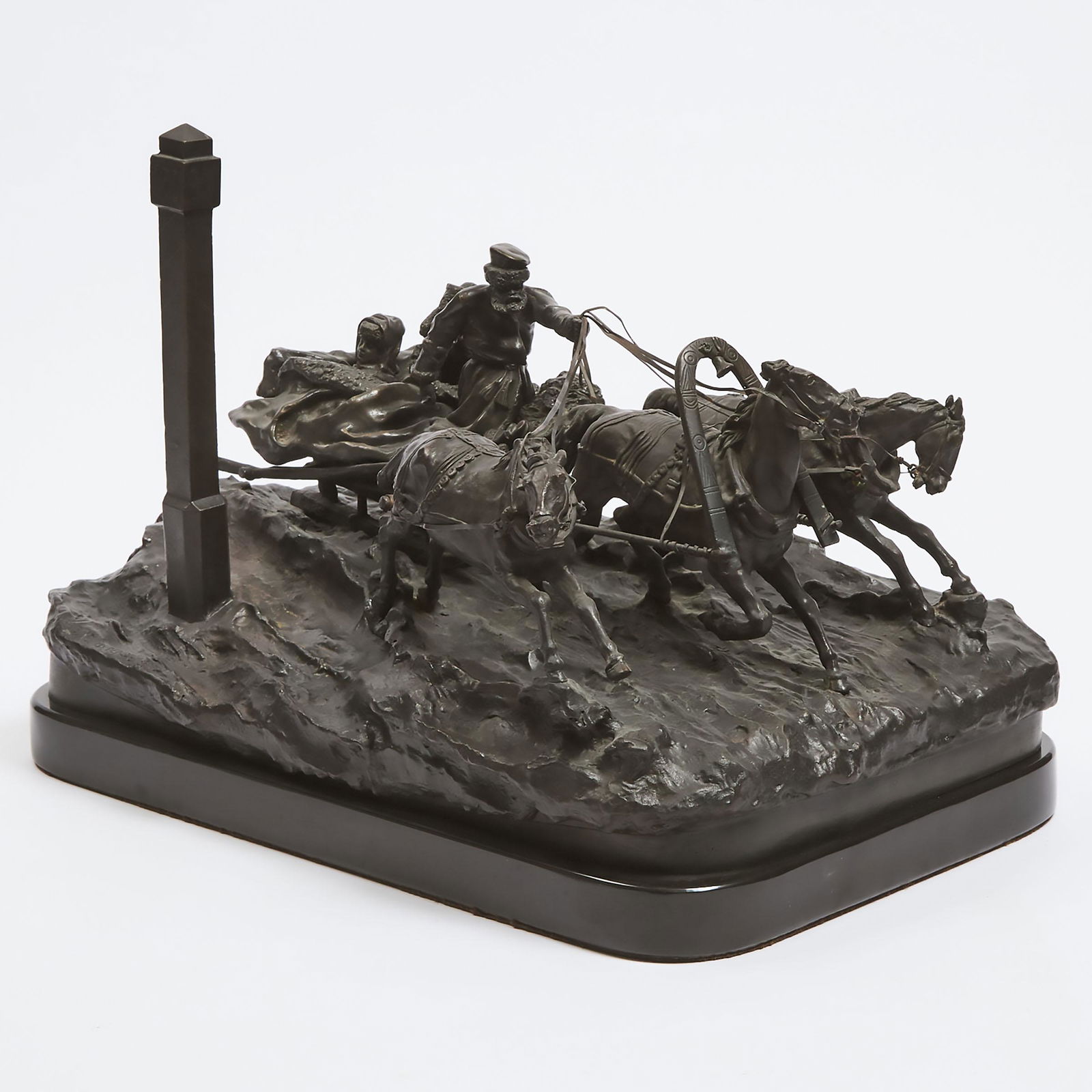 After Vasily Yacovlevich Grachev (Russian, 1831-1905) ,: After Vasily Yacovlevich Grachev (Russian, 1831-1905)THE MILEPOSTpatinated bronze figural and troika group signed in Cyrillics and with C.F. Woerffel foundry mark, 12 x 16.75 x 11.25 in — 30.5 x