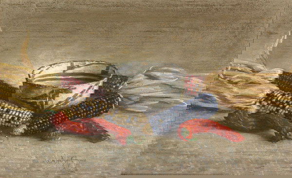 American, William Acheff (1947- ), NAVAHO POT: William Acheff (1947- ), American NAVAHO POT, PEPPERS AND CORN, Colour pastel; signed and dated 1983 lower right Sight 13" x 21.5" — 33 x 54.6 cm. See illustration Est. $2000/3000