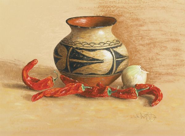American, William Acheff (1947- ), NAVAHO POT: William Acheff (1947- ), American NAVAHO POT, PEPPERS AND AN ONION, Colour pastel; signed and dated 1984 lower right Sight 15" x 20" — 38.1 x 50.8 cm. See illustration Est. $2000/3000