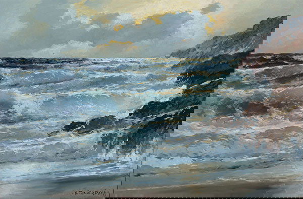 American, Alexander Dzigurski, SEASCAPE: Alexander Dzigurski (1911-1995), American A CALIFORNIA SEASCAPE, Oil on canvas; signed lower right, artist's studio stamp verso 24" x 36" — 61 x 91.4 cm. See illustration Est. $800/1200