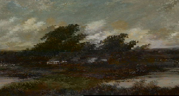 British, David Bates, GUARDING THE FLOCK: David Bates (1840-1921), British GUARDING THE FLOCK OUTSIDE A FARM COTTAGE , Oil on canvas; signed with initials lower right 20" x 36" — 50.8 x 91.4 cm. Provenance: The Cooling Galleries Limited, Lo