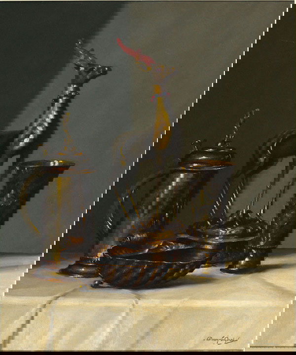 Hungarian, Arpad Romek (1883-1960), STILL LIFE: Arpad Romek (1883-1960), Hungarian STILL LIFE OF BRASS GOBLETS AND FIGURINE, Oil on canvas; signed lower right with incised signature 24.3" x 20.3" — 61.6 x 51.4 cm. See illustration Est. $800/1200