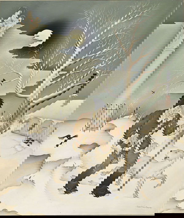 Hungarian, Barna Basilides , NIGHTWATCHMAN, Oil: Barna Basilides (1903-1967), Hungarian THE VILLAGE NIGHTWATCHMAN IN WINTER , Oil on canvas; signed lower right 39" x 33" — 99.1 x 83.8 cm. See illustration Est. $5000/7000