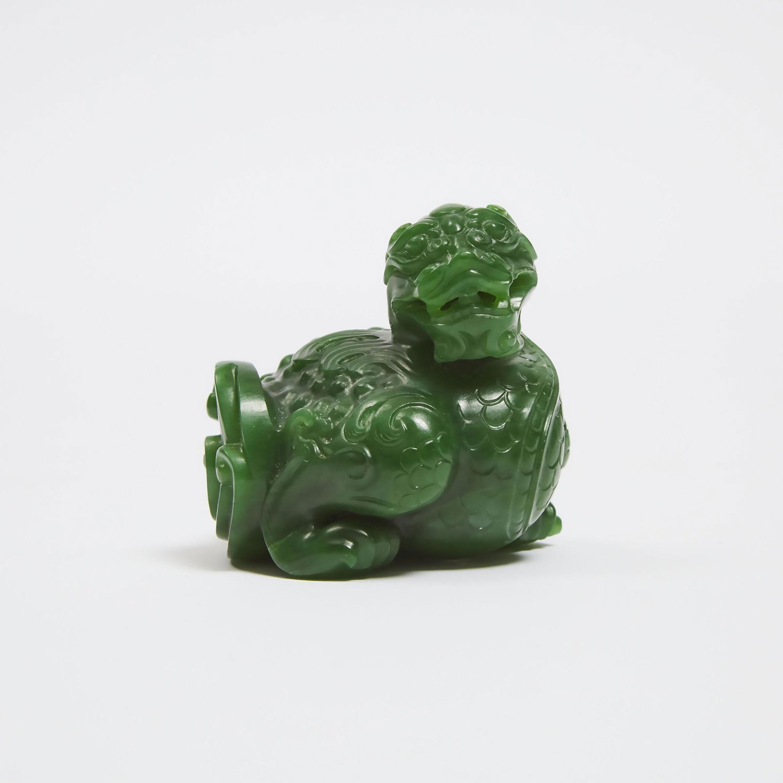 A Spinach Jade Carving of a Bixie, Qianlong Qingwan Mark, 碧 Aug 25