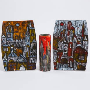 Elio Schiavon (Italian, 1925-2004), Two Pottery Wall Plaque: Elio Schiavon (Italian, 1925-2004), Two Pottery Wall Plaques and a Vase, 20th centuryplaque height 14.2 in — 36 cm; vase height 10 in — 25.3 cm, painted marks in blackEstimate: $100—