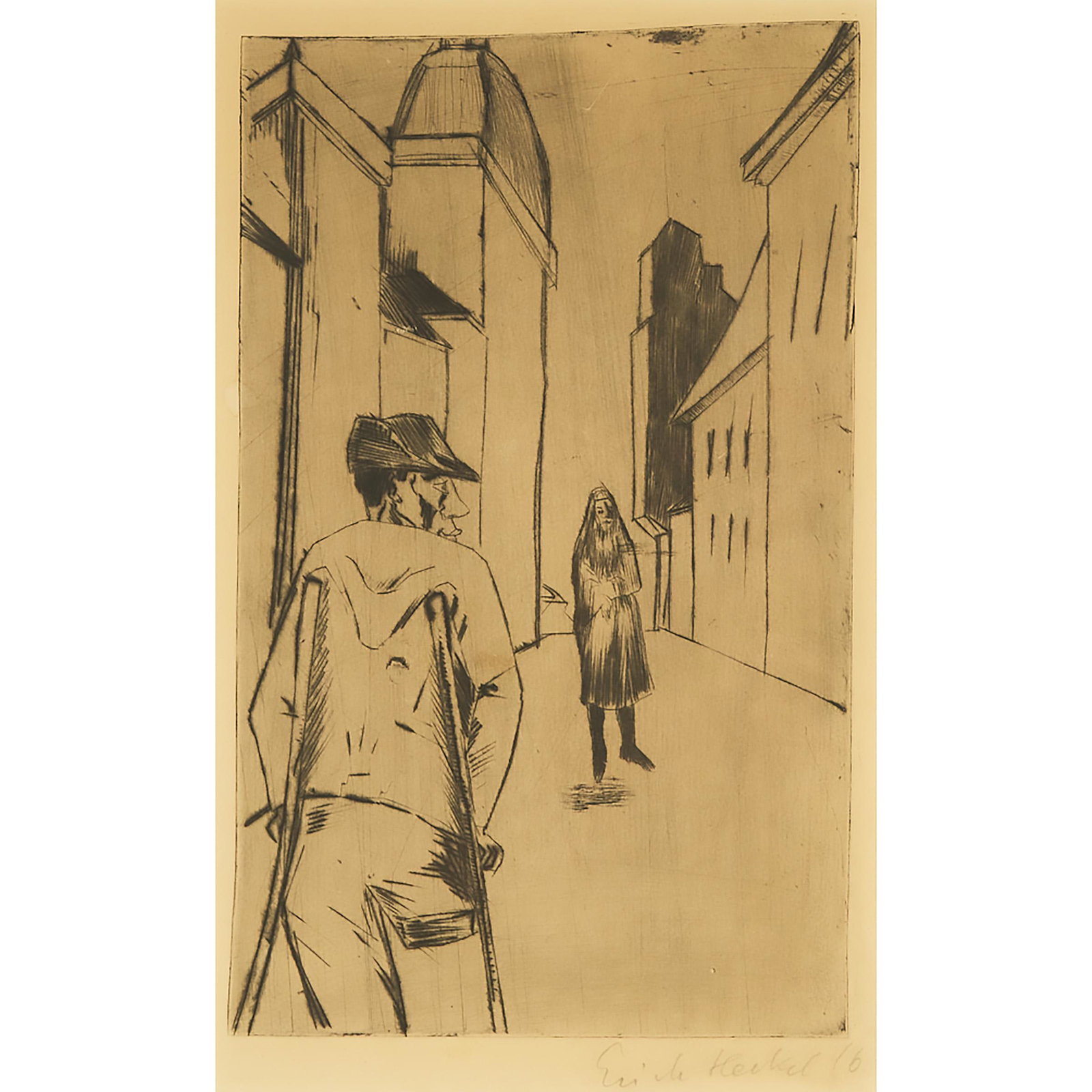 Erich Heckel (1883-1970), STRASSE IN OSTENDE, 1916 [DUBE, R: ERICH HECKEL (1883-1970), GERMANSTRASSE IN OSTENDE, 1916 [DUBE, R. 131]drypoint in black on Von Gelder Zonen paper, watermarkSigned and dated "16."One of the approximately 60 copies printed.Printed by