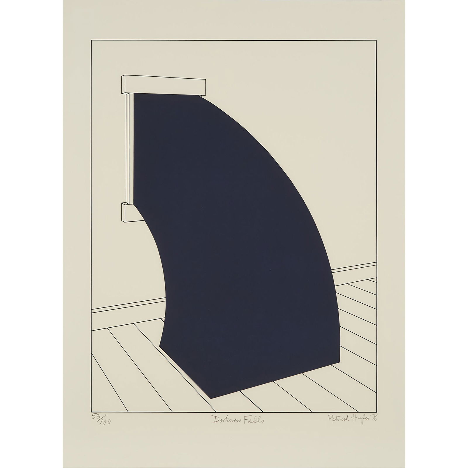 Patrick Hughes (b. 1939), DARKNESS FALLS, 1976, Signed, tit: PATRICK HUGHES (B. 1939), BRITISHDARKNESS FALLS, 1976screenprint in black on wove paper, watermark, the full sheetSigned, titled, dated "76" and numbered 53/100.sheet 30.2 ins x 22 ins; 76.6 cms x 56