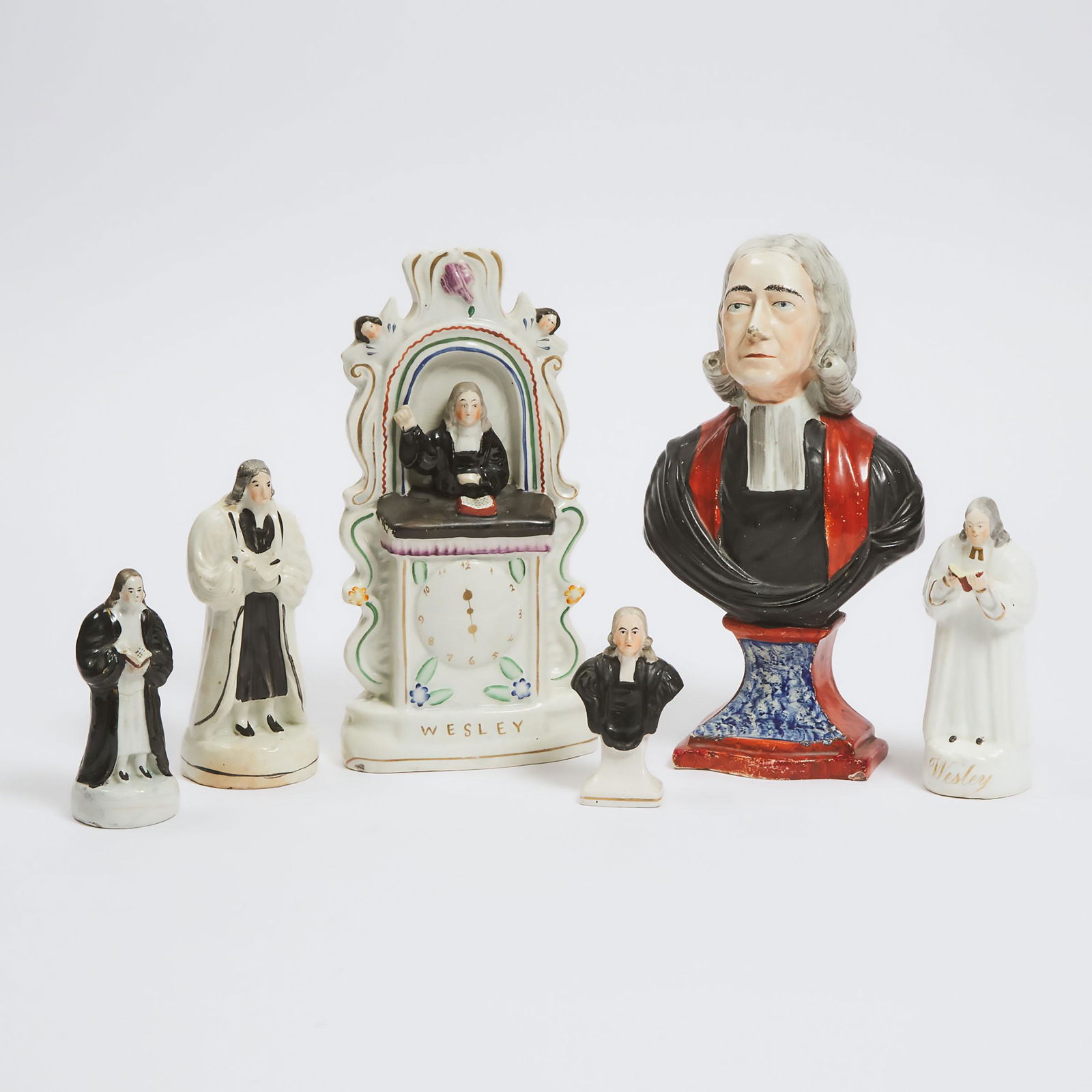 Group of Six Staffordshire Figures of John Wesley, 19th cen: Group of Six Staffordshire Figures of John Wesley, 19th centurylargest height 11.8 in — 30 cmEstimate: $100—200