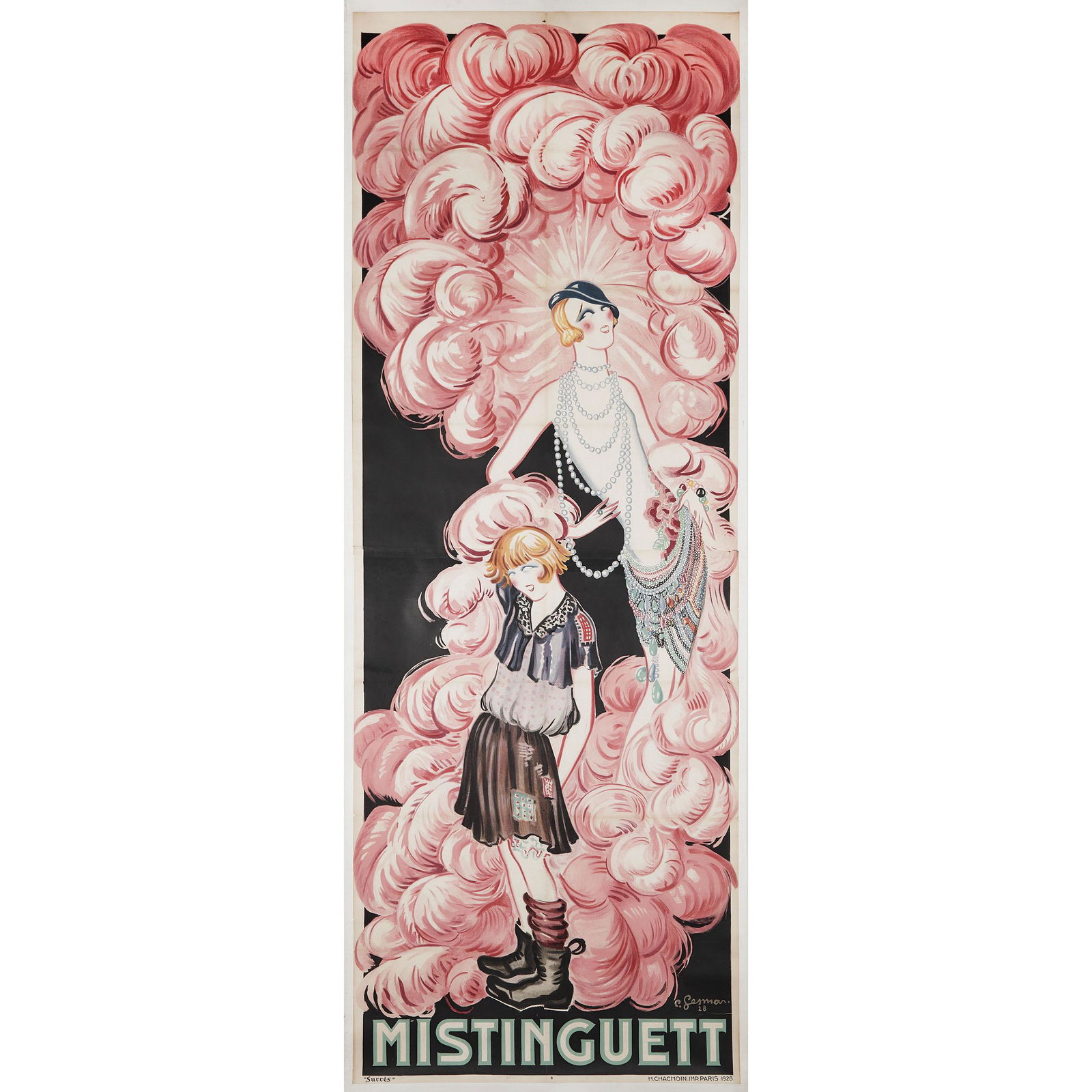 Charles Gesmar (French 1900-1928), MISTINGUETT 'RAGS TO RI: Charles Gesmar (French 1900-1928)MISTINGUETT 'RAGS TO RICHES', 1928large (two sheet) advertising poster, 123 x 44 in — 312.4 x 111.8 cmNote:Due to its large size, the poster has been unframed; h