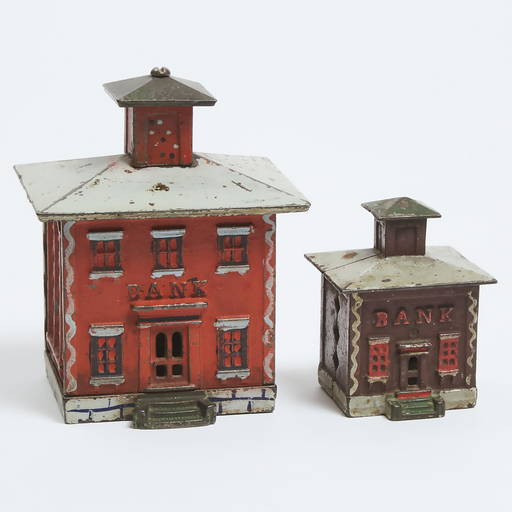 Two Bank Building Form Painted Cast Iron Still Banks, 19th (0597) on