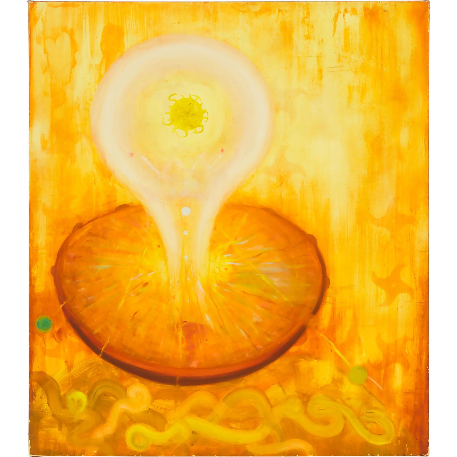 Alexis Rockman (b. 1962), UMBLICAL TAMBURINE, 1985, signed,: ALEXIS ROCKMAN (B. 1962), AMERICANUMBLICAL TAMBURINE, 1985oil on canvassigned, titled and dated "1985" verso33 x 29 in — 83.8 x 73.7 cmProvenance:Private Collection, Montreal, QC