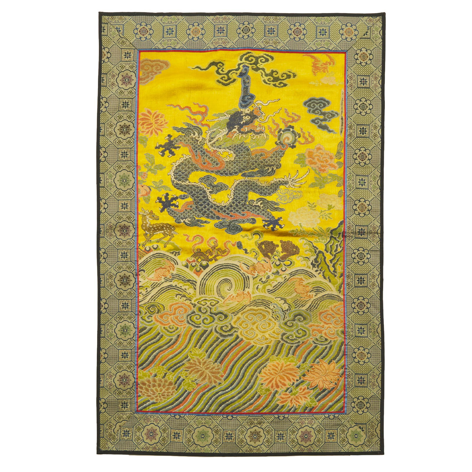 A YellowGround Blue Silk Embroidered 'Dragon' Panel, Qing Dec 08
