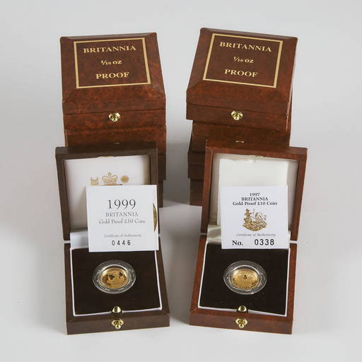 10 X British Proof 1/10th Ounce Britannia Coins, In Cases