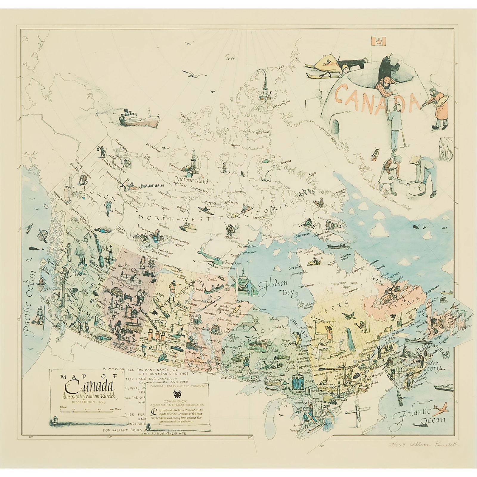 William Kurelek, RCA (1927-1977), Canadian, MAP OF CANADA,: William Kurelek, RCA (1927-1977), CanadianMAP OF CANADAcolour lithograph on wove papersigned and numbered 29/554sheet 22 x 24 in — 63.6 x 65.3 cmProvenance:Private Collection, Toronto, ON