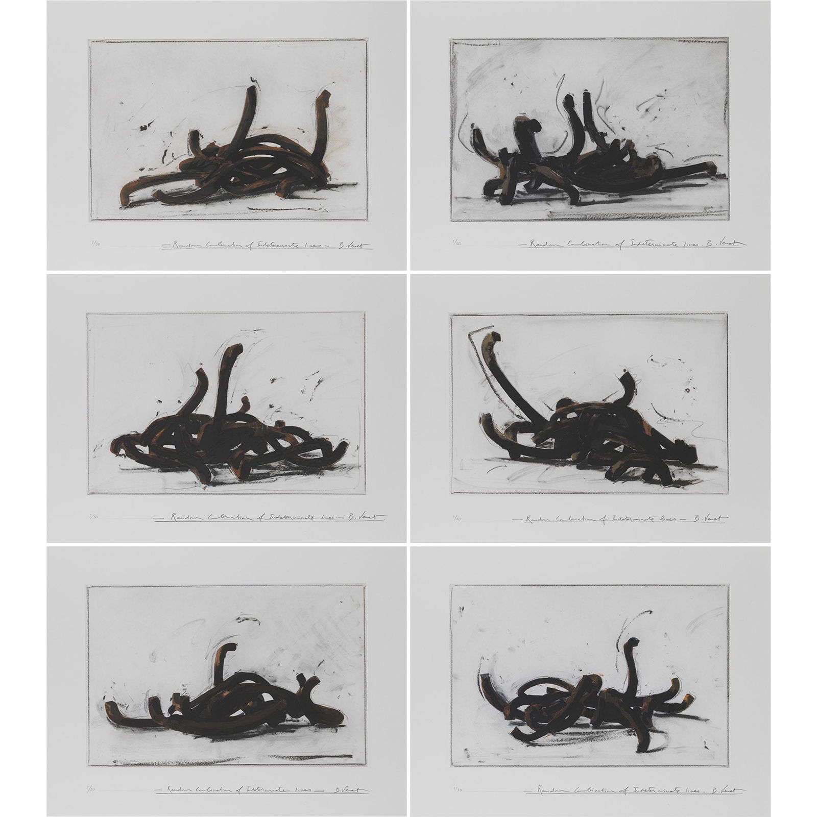 Bernar Venet (b. 1941), RANDOM COMBINATION OF INDETERMINATE: BERNAR VENET (B. 1941), FRENCHRANDOM COMBINATION OF INDETERMINATE LINES, 2019complete portfolio of six etchings with aquatint and polymer engraving in colours on Somerset paper, with full marginseach