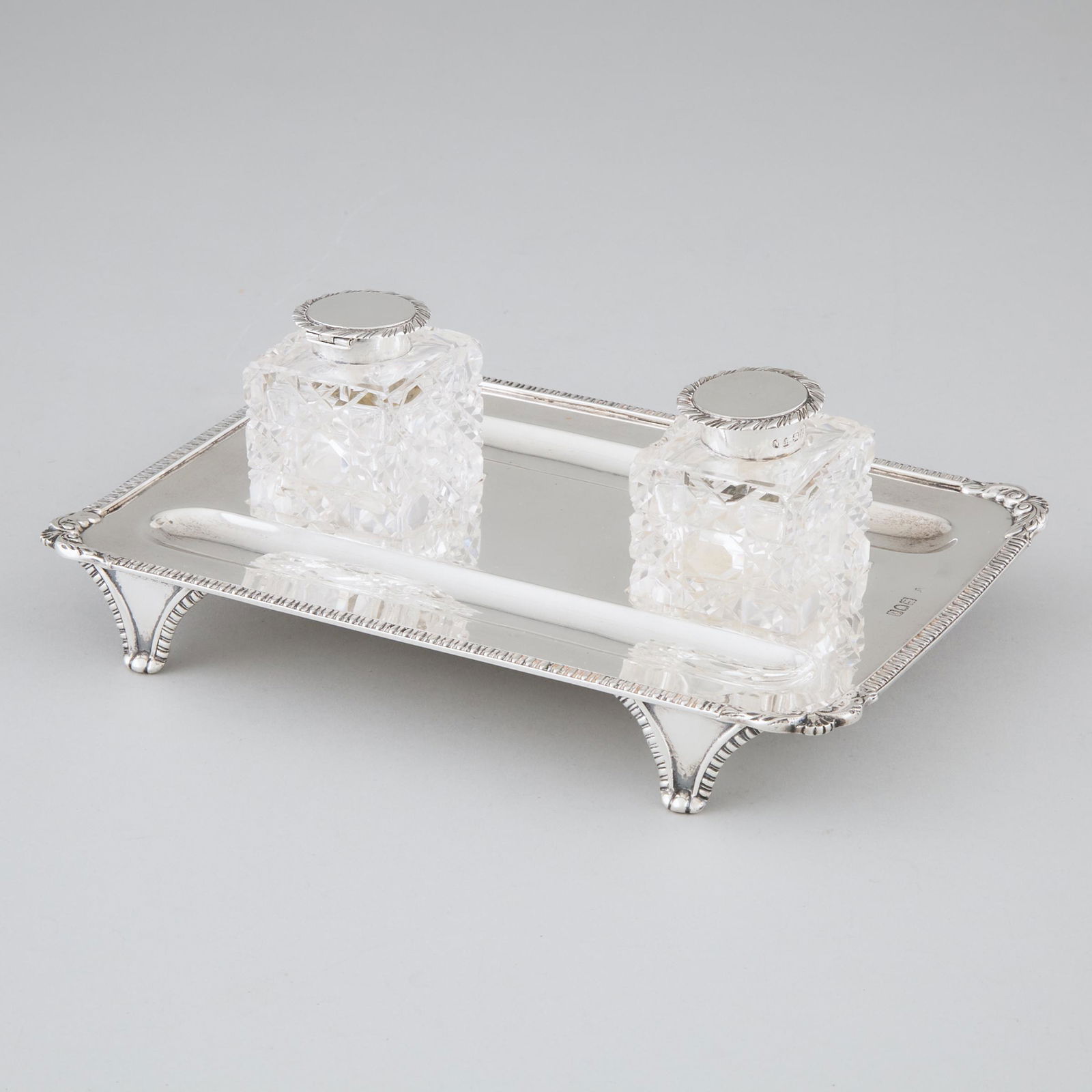 Edwardian Silver and Cut Glass Rectangular Inkstand, Charle: Edwardian Silver and Cut Glass Rectangular Inkstand, Charles Stuart Harris,London, 1901length 9 in — 22.8 cm, 12.1 oz. — 376 grams (weighable)Estimate: $250—350