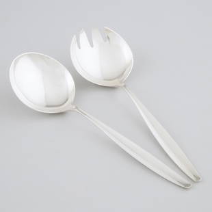 Pair of Danish Silver 'Cypress' Pattern Salad Servers, Tias: Pair of Danish Silver 'Cypress' Pattern Salad Servers, Tias Eckhoff for Georg Jensen, Copenhagen, 20th centurylength 8.5 in — 21.5 cm, 5.9 oz. — 182 gramsEstimate: $150—250