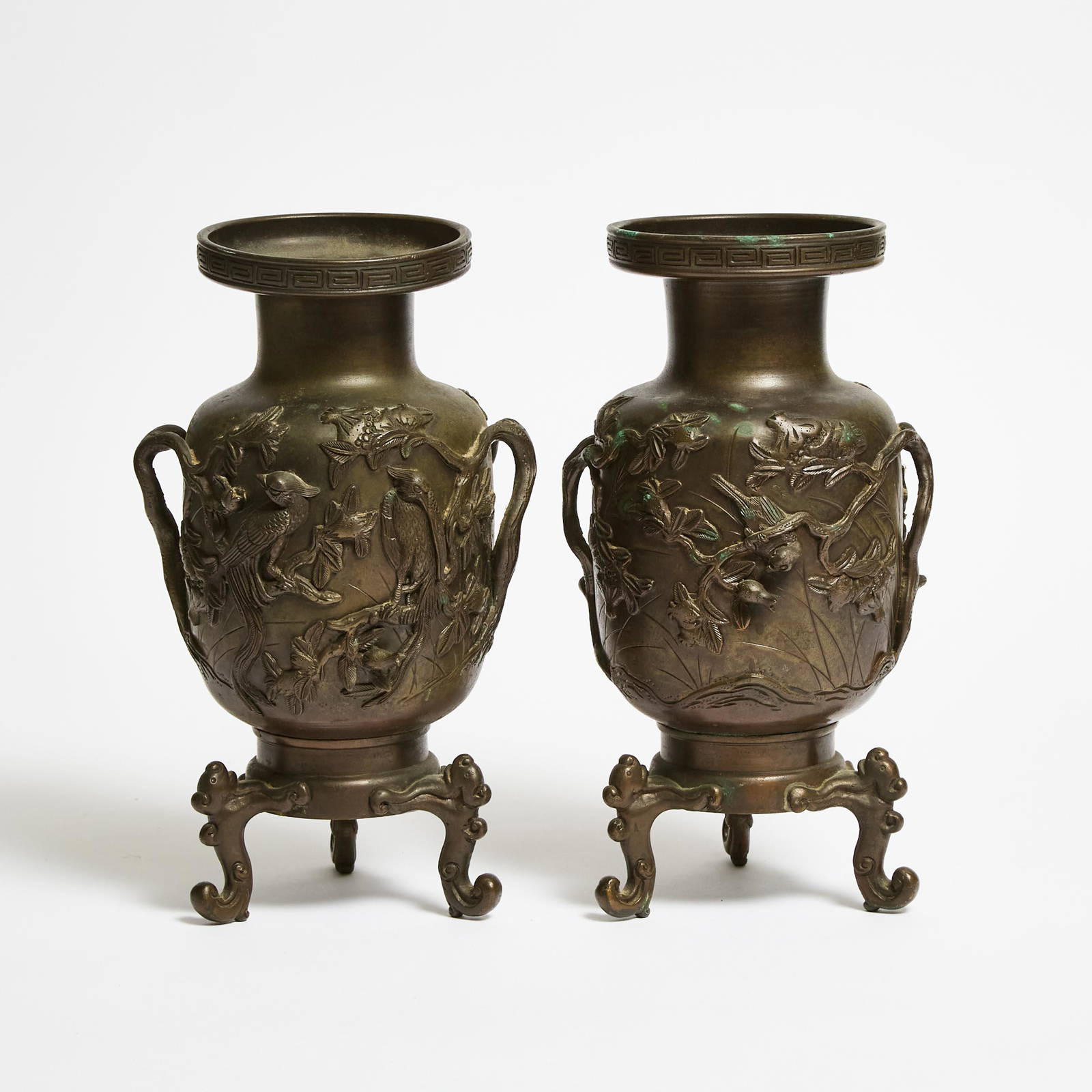 A Pair of Japanese Bronze 'Birds and Flowers' Vases, Meiji (0379) on