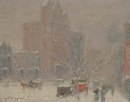 American Art Guy Carleton Wiggins: Guy Carleton Wiggins (1883-1962), American THE WHITE MANTLE, Oil on canvas; signed lower left, titled verso 7" x 9" — 17.8 x 22.9 cm. See illustration Est. $10000/15000