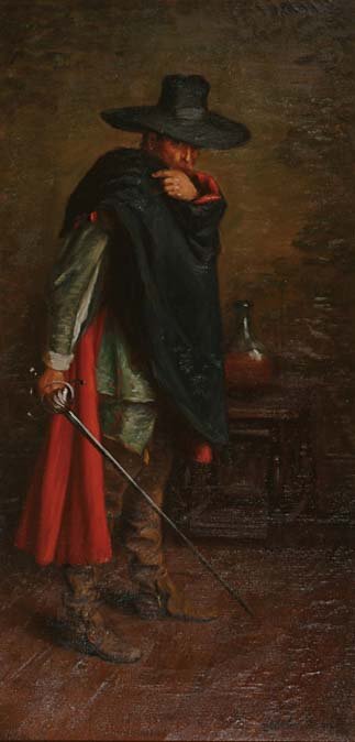 British Art Charles Beatson (19th/20th C): Charles Beatson (19th/20th Century), British THE CHALLENGE; THE ASSASSIN, A pair of oils on canvas; each signed lower right, each titled verso, the latter: also signed verso Each 24" x 11.8" — 61 x