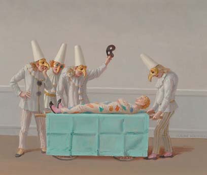 British Art Claude William Harrison (1922- ): Claude William Harrison (1922- ), British HARLEQUIN REVIVES, Oil on masonite; signed and dated '96 lower right, signed, titled and dated May '96 verso. Contained in a hand-painted frame by the artist.