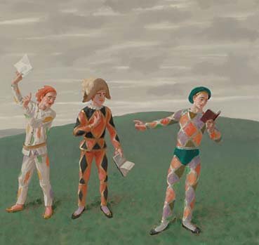 British Art Claude William Harrison (1922- ): Claude William Harrison (1922- ), British DIFFERENT READINGS, Oil on masonite; signed and dated '93 lower right, signed, titled and dated Mar '93 verso. Contained in a hand-painted frame by the artist