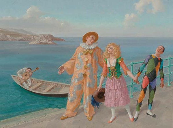 British Art Claude William Harrison (1922- ): Claude William Harrison (1922- ) , British TRIP TO THE ISLAND, Oil on canvas; signed and dated 1996 lower left, signed, titled and dated Mar 96 verso. Contained in a hand-painted frame by the artist.