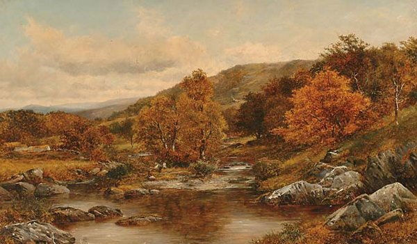 British Art David Bates (1840-1921): David Bates (1840-1921) , British AN ISLAND IN THE LLUGWY NEAR CAPEL CRAIG, Oil on canvas; signed and dated 1881 lower right, signed, titled and dated 1880-1881 verso 30" x 50" — 76.2 x 127 cm. See