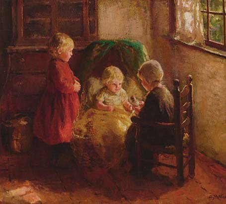 Dutch Art Bernard Pothast (1882-1966): Bernard Pothast (1882-1966), Dutch THE NEW TOY, Oil on canvas; signed lower right 29" x 32" — 73.7 x 81.3 cm. See illustration Est. $30000/50000