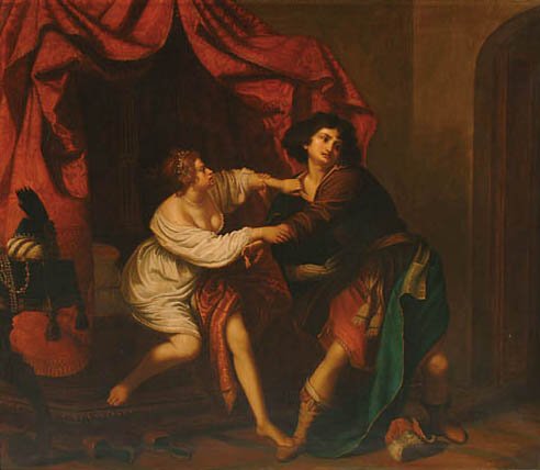 Italian Art V.** Bianchini (19th/20th C ): V.** Bianchini (19th/20th Century), Italian JOSEPH AND POTIPHAR'S WIFE (AFTER GIOVANNI BILIVERT), Oil on canvas; signed, titled and inscribed verso 47.3" x 55.3" — 120.1 x 140.5 cm. See illustration