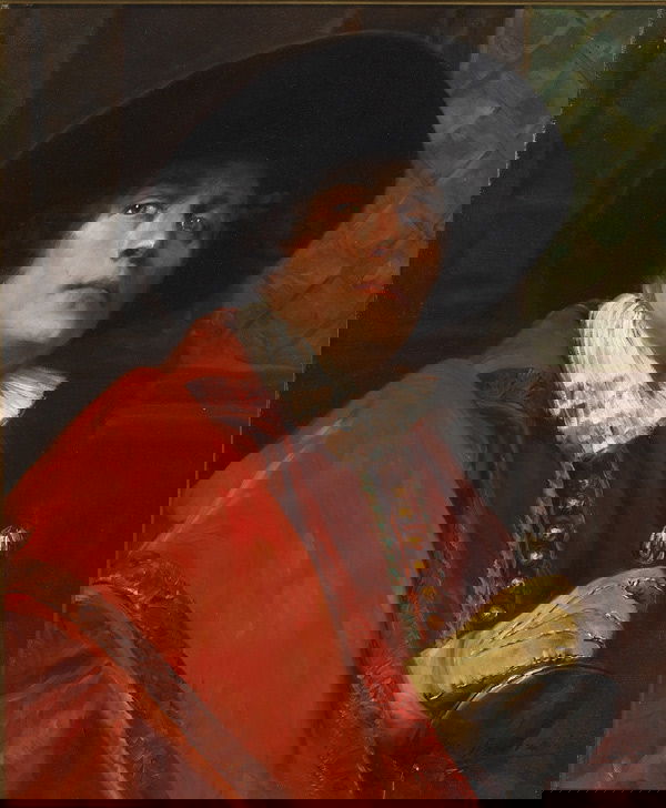 British, Alex de Andreis (1871-1939), CAVALIER: Alex de Andreis (1871-1939), British CAVALIER IN A RED CLOAK, Oil on canvas; signed lower right 18" x 14.8" Ñ 45.7 x 37.5 cm. See illustration Est. $1000/1500