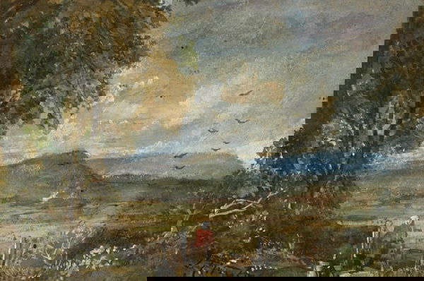 Scottish, John C. Wintour (1825-1882), WOMAN...: John Crawford Wintour (1825-1882), Scottish WOMAN CLIMBING A STILE IN EXTENSIVE LANDSCAPE, Watercolour heightened with white; signed lower left 5" x 7.5" Ñ 12.7 x 19.1 cm. See illustration Est. $400/