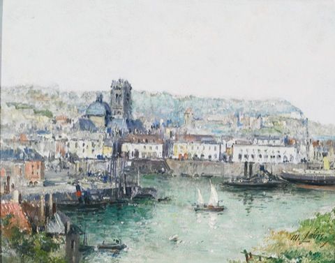 French, Maurice Levis (1860-1940), LE PORTE DE DI: Maurice Levis (1860-1940), French LE PORTE DE DIEPPE, FRANCE, Oil on board; signed lower right, signed and titled to labels verso 5.5" x 7" — 14 x 17.8 cm. See illustration Est. $2000/3000