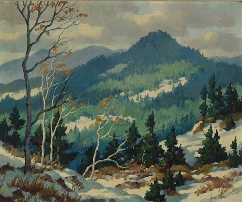 American OKIES, NORTH CAROLINA, Oil on canvas, 20": John Cuthbert Hare (1908-1978), American WINTER IN THE SMOKIES, NORTH CAROLINA, Oil on canvas; signed lower right; signed and titled to stretcher 20" x 24" — 50.8 x 61 cm. See illustration Est. $200