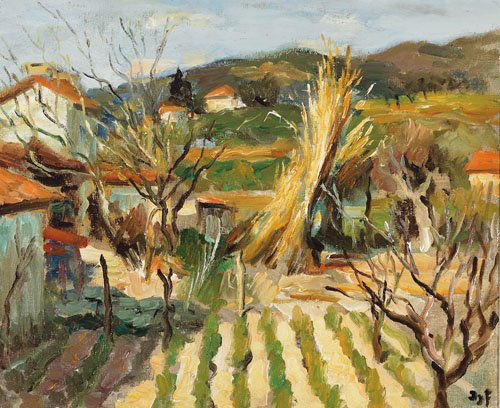 French 15" x 18" - 38.1 x 45.7 cm: Marcel Dyf (1899-1985), French PAYSAGE, Oil on canvas; signed lower right 15" x 18" — 38.1 x 45.7 cm. See illustration Est. $9000/9500