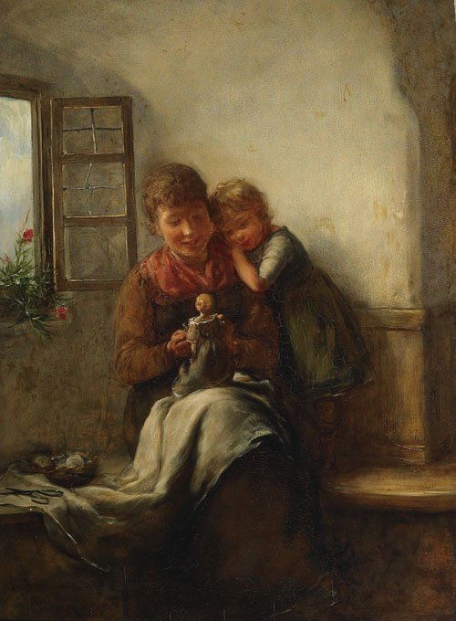 German ESS, Oil on panel, 15.5" x 11" - 39.4 x 27.: Gustav Laeverenz (1851-1909), German MENDING DOLLY'S DRESS, Oil on panel; signed at Munchen lower left 15.5" x 11" — 39.4 x 27.9 cm. Provenance: The Cooling Galleries Ltd., London and Toronto See il