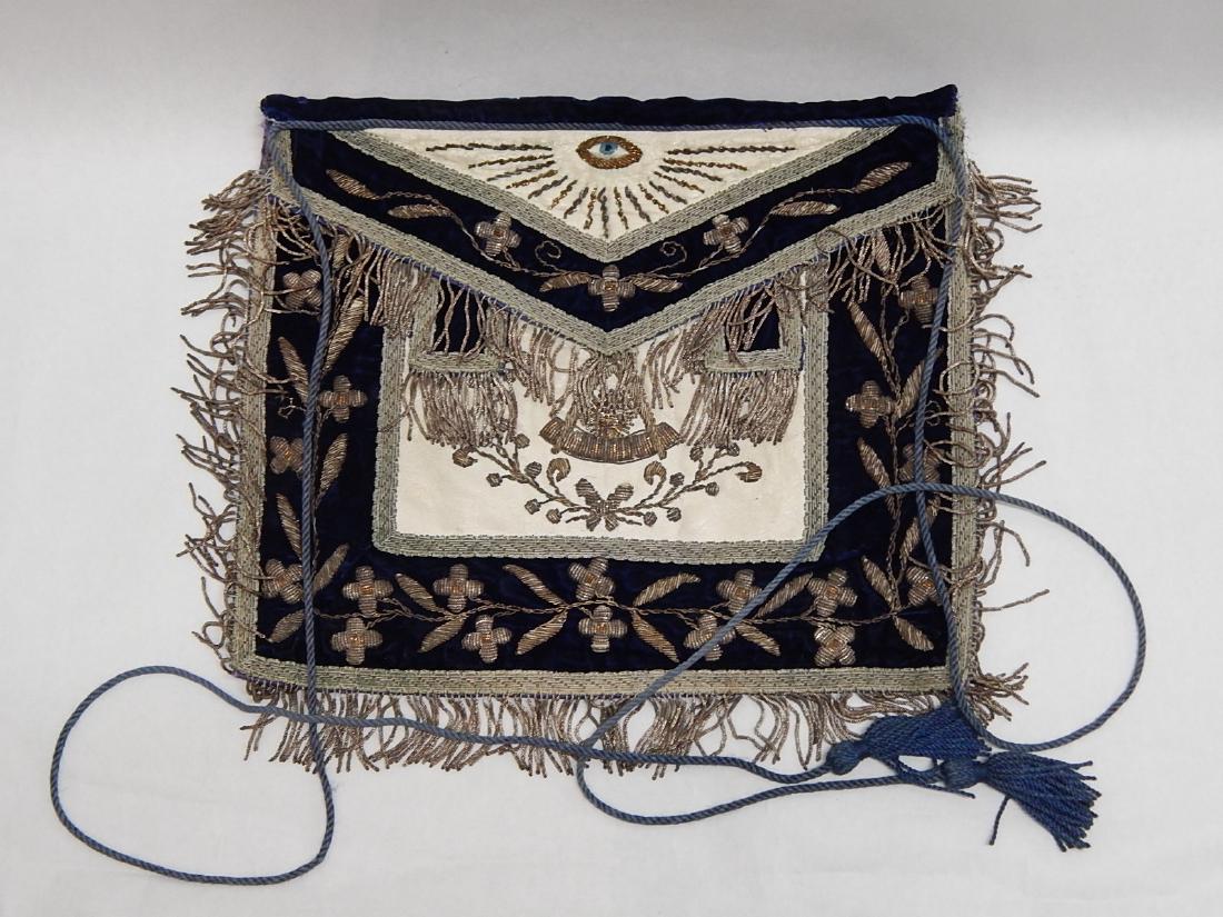 19th C. Masonic Freemasion Apron: Eye of Providence." gold applique embroidered Masonic Freemasion apron. Front panel 17x14
