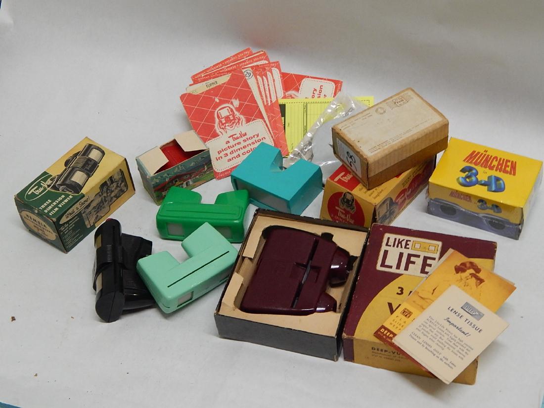 Box of Tru-Vue 3-D Viewers: Collection of Tru-Vue viewers and film rolls in original boxes