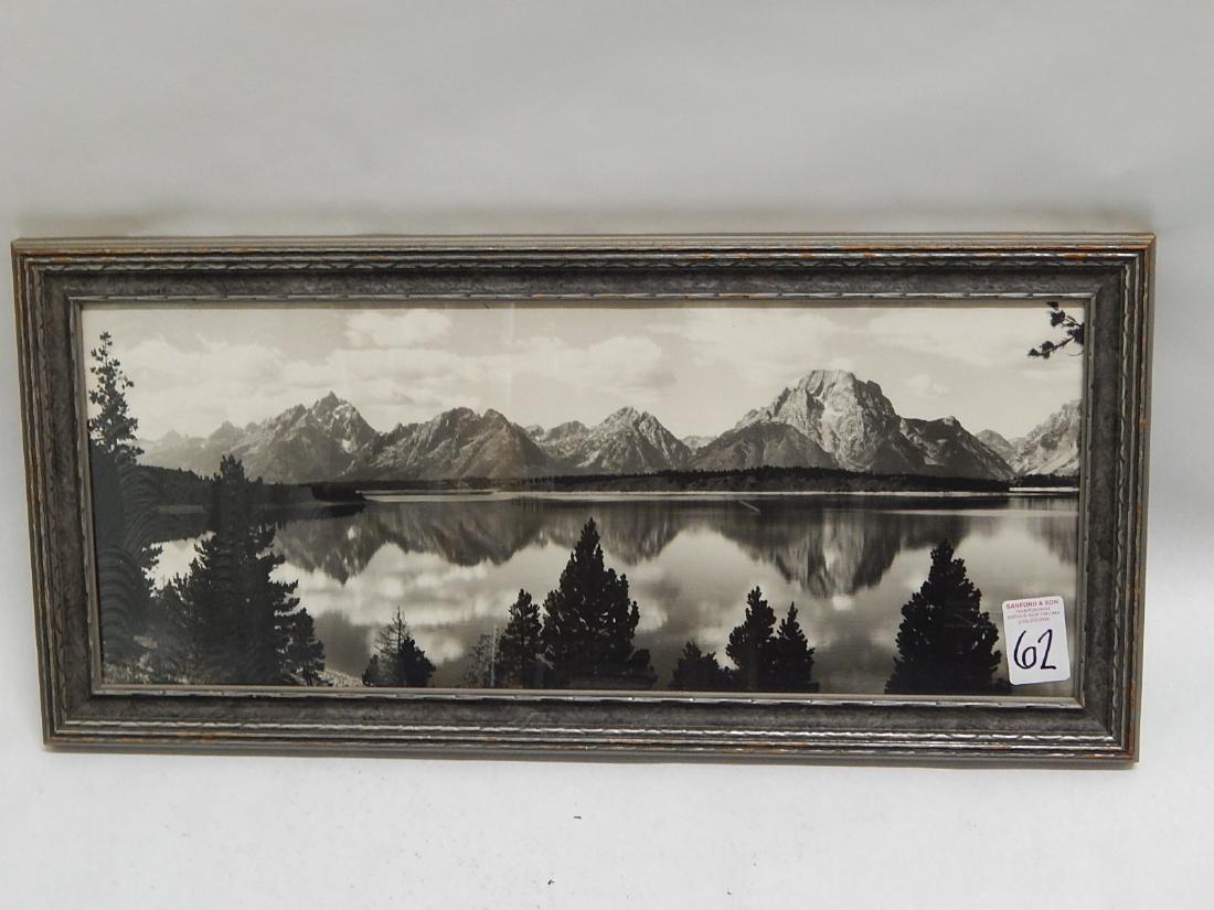 Antique Harrison Crandell Grand Teton Photo: c.1930 silver gelitan panorama photograph of Grand Teton National Park housed in original frame, 12"x26". Photographer's blind stamp LL