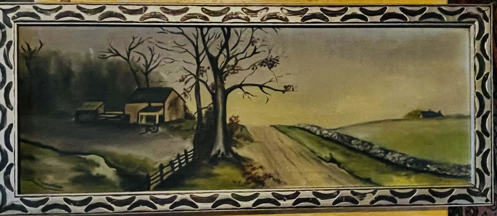 Folk art landscape: oil on panel. Signed Lean Trecemiter. Georgeous original frame. Dimensions: 8”H X 20”W